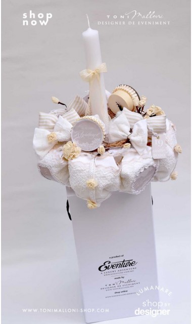 Lumanare de botez cu dantela crem si flori natur uscate Lacy Bloom 1